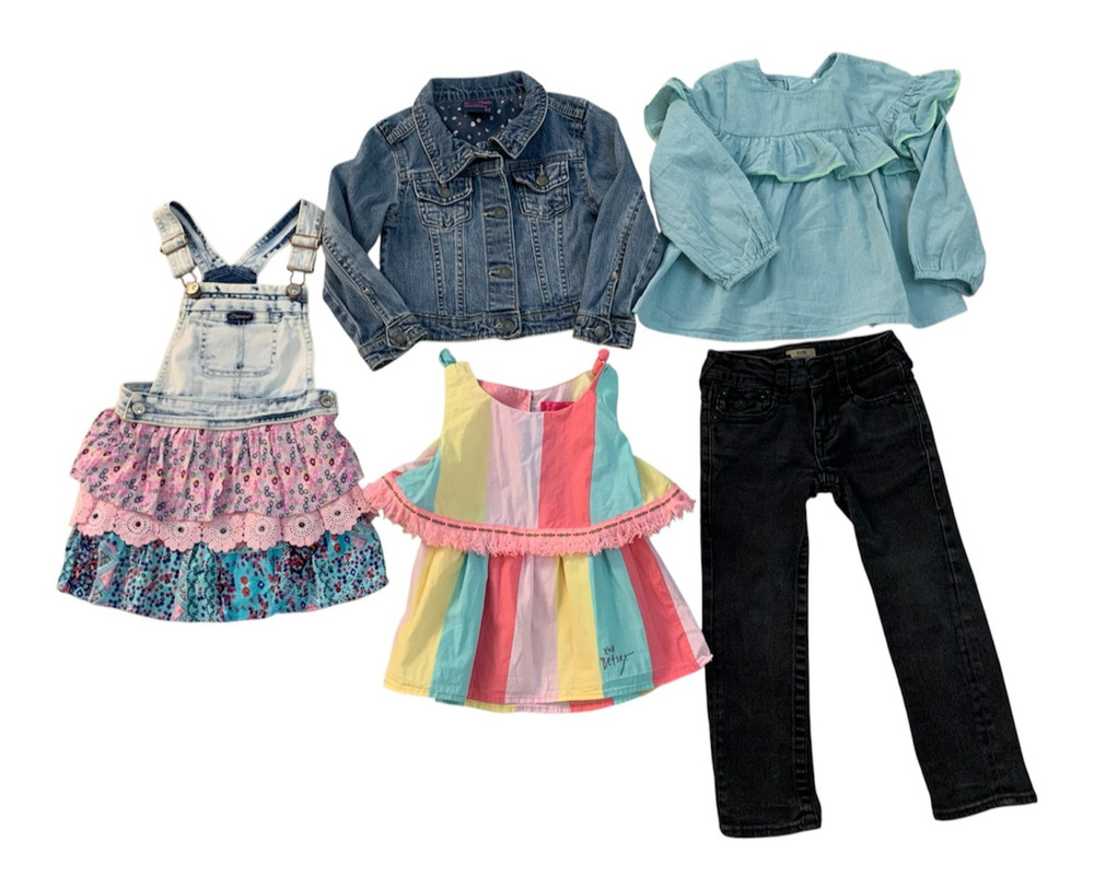 (Bundle of 5) Girls size 4T Denim Jacket Black Jeans Bib Overall Dress & 2 Tops